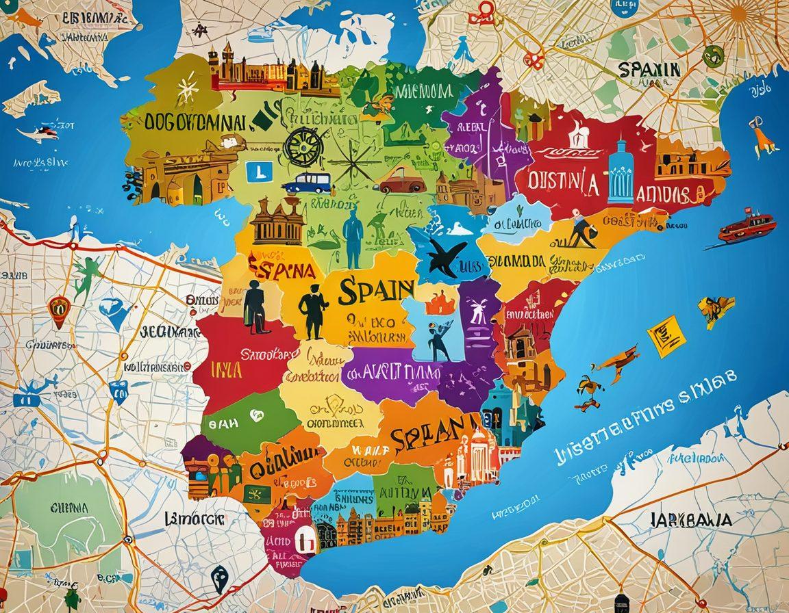 A vibrant map of Spain with job opportunity icons scattered across major cities. Include diverse professionals in business attire engaging in networking and discussions. Add elements like a compass symbolizing direction and a magnifying glass representing search. Incorporate lively colors to emphasize a dynamic job market. digital art. vibrant colors.