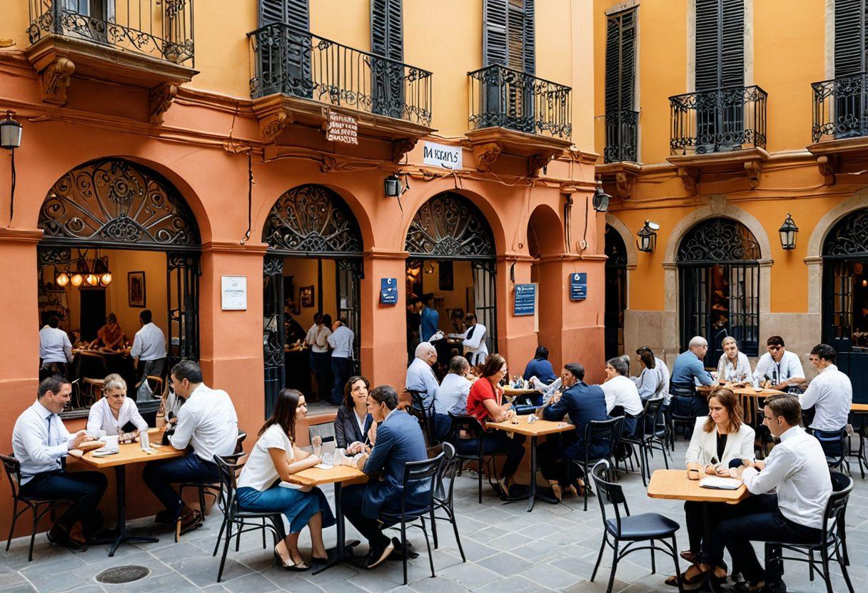 A vibrant street scene in Spain showcasing diverse professionals engaged in networking and job hunting, with traditional Spanish architecture in the background. Include elements like a bustling café, colorful banners that read 'Career Fair', and individuals interacting with laptops and resumes. Incorporate symbols of success such as a rising graph and motivational quotes in Spanish. Bright colors. super-realistic. vibrant atmosphere.
