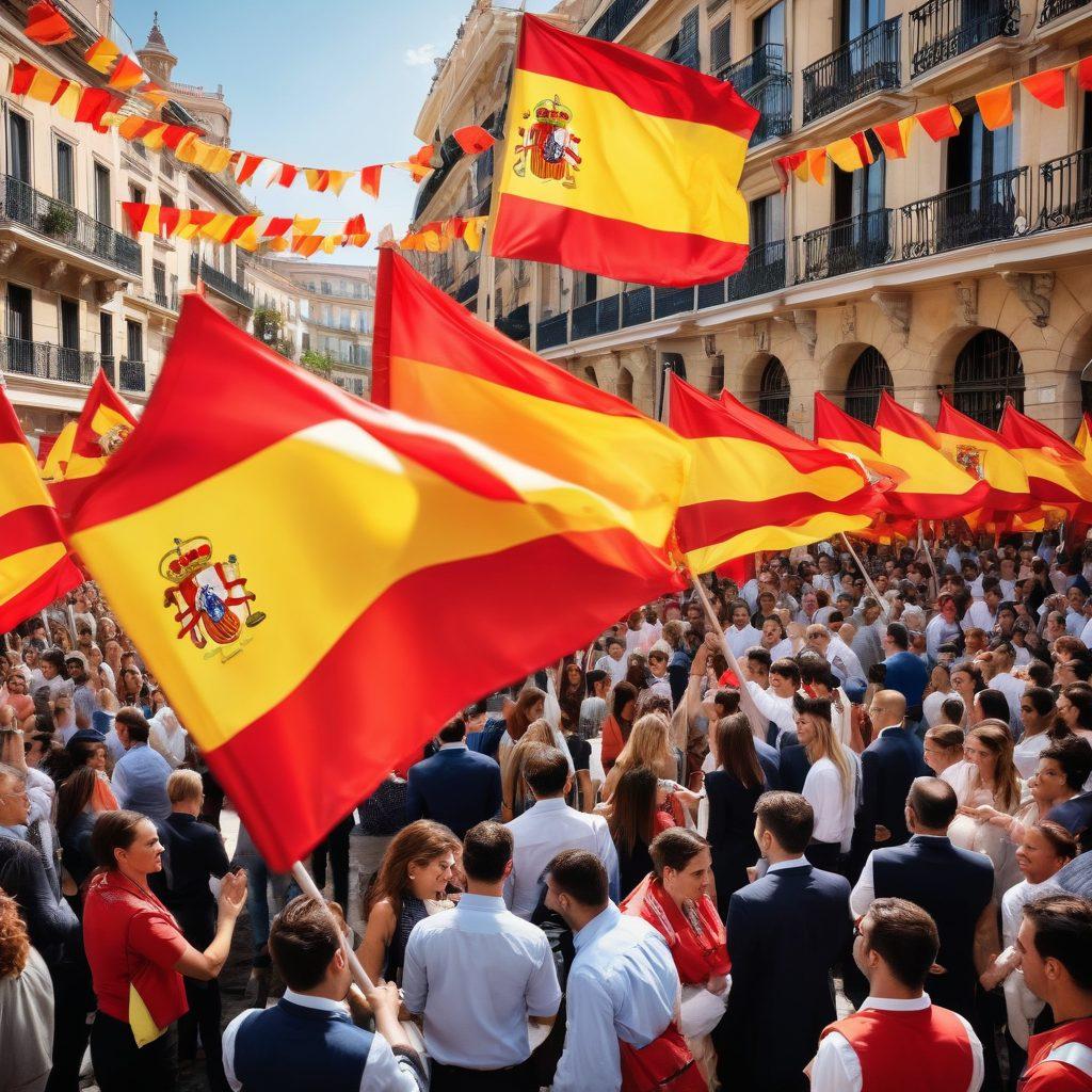 A scenic view of a bustling job fair in Spain, featuring diverse candidates engaging with representatives from various recruitment agencies. A vibrant Spanish flag waves in the background, symbolizing opportunity. Include a bright, optimistic atmosphere with people shaking hands and exchanging resumes. The setting is filled with colorful banners, showcasing job openings in multiple industries. dynamic colors. super-realistic. vibrant atmosphere.